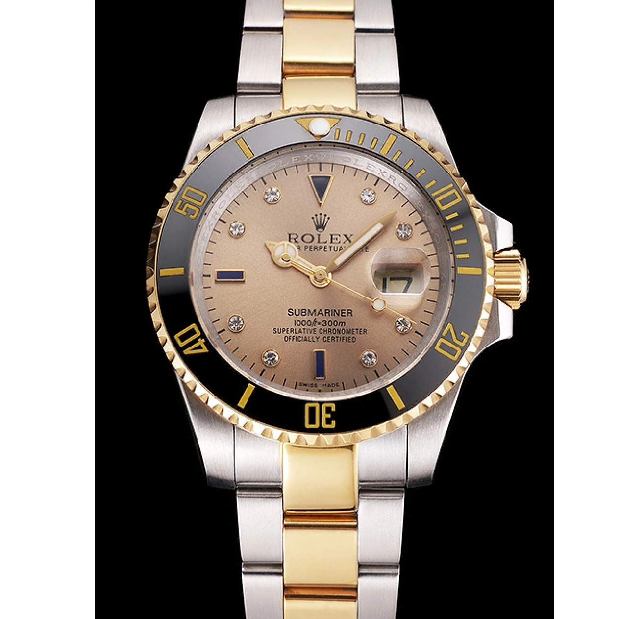 Aaa replica Bezel Black Markings Steel Swiss Diamond Tone Rolex Submariner Bracelet Dial Gold Two Gold 0521